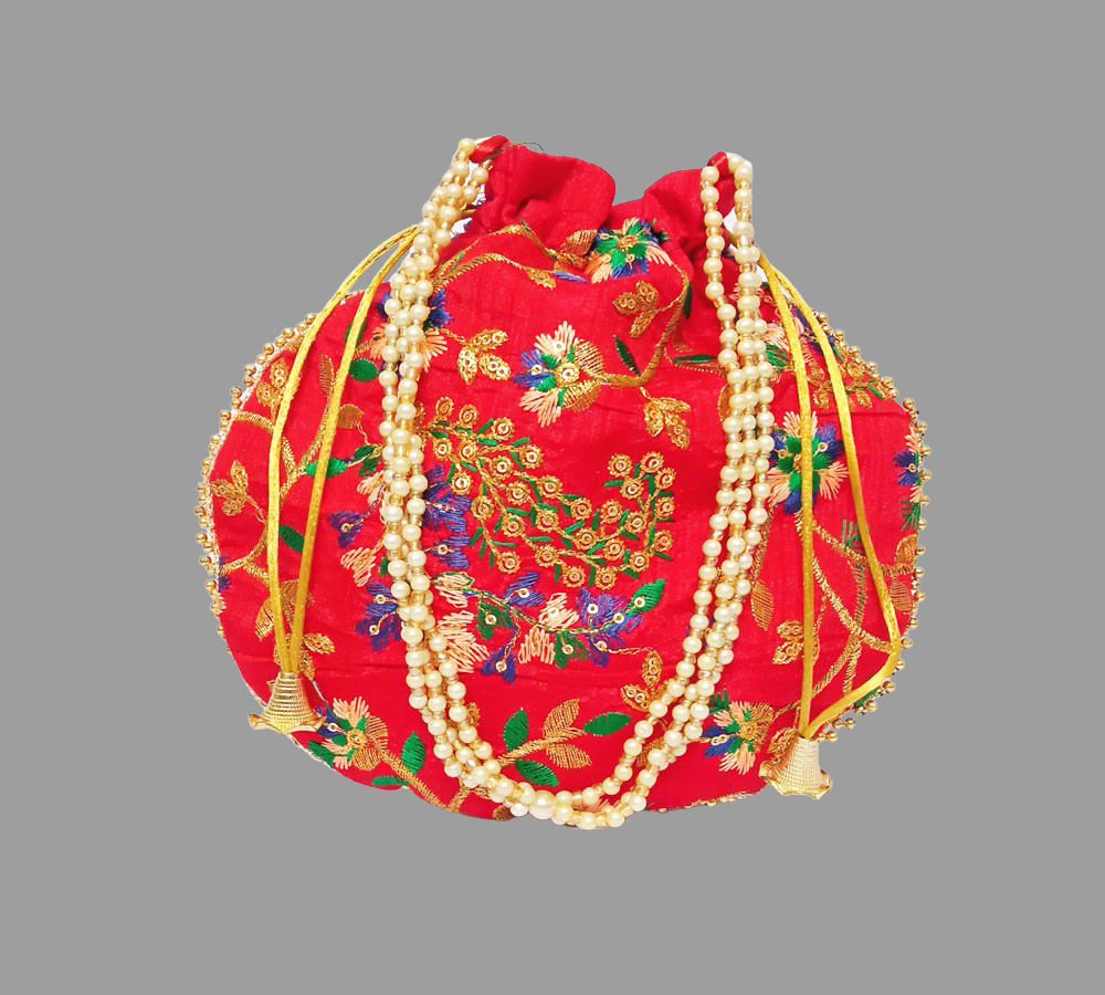 Embroided Floral Potli with beads handle