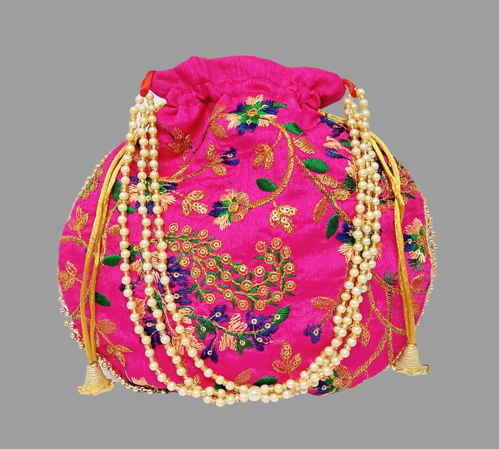 Embroided Floral Potli with beads handle